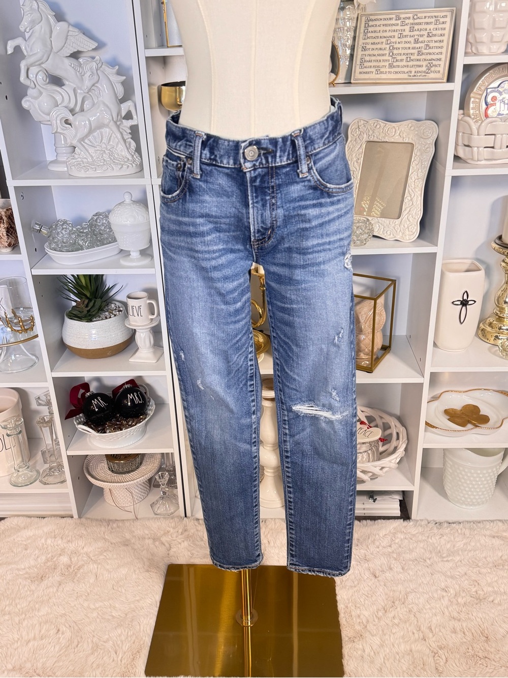 Moussy Distressed Straight Leg Jeans in Medium Blue